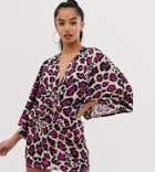 Flounce London Petite Wrap Front Kimono Mini Dress In Animal Print-multi
