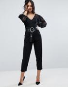 Asos Jersey Jumpsuit With Lace And Puff Sleeve - Black