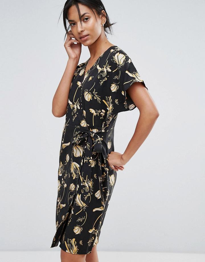 Just Female Elay Leaves Print Wrap Dress - Navy