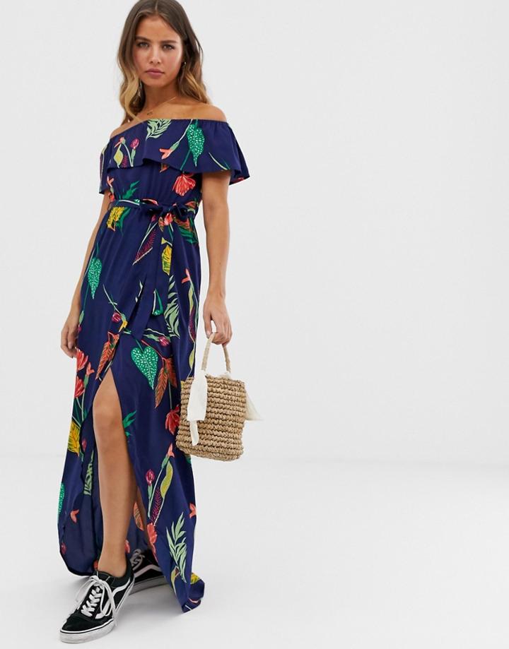 Influence Off Shoulder Maxi Dress In Navy Floral