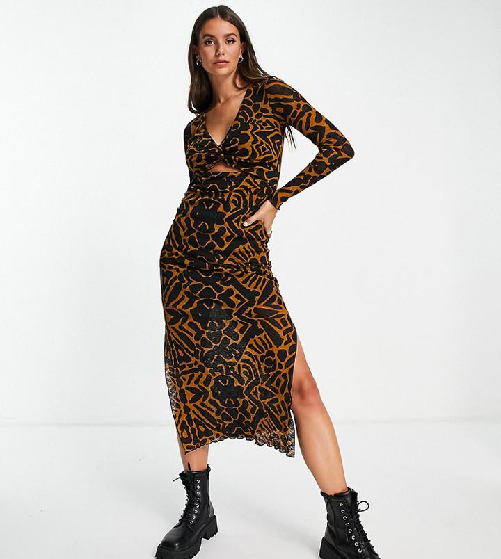 Topshop Tall Cut-out Twist Front Midi Dress In Multi Bold Animal Print