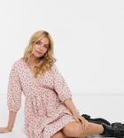 Asos Design Petite Midi Smock Dress With Wrap Top In Dusty Pink And Black Polka Dot