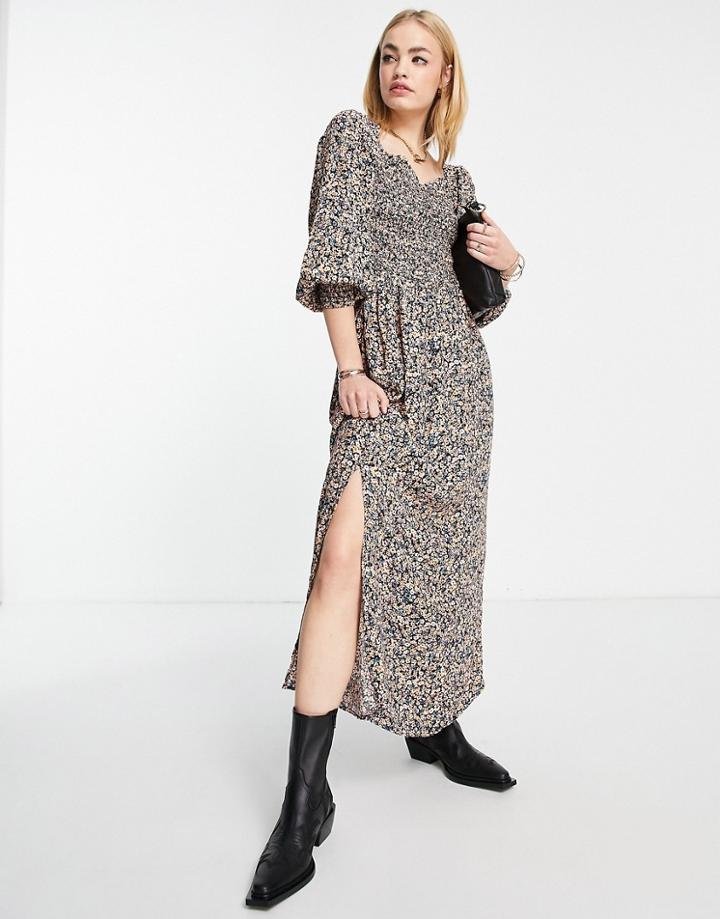 River Island Ditsy Floral Shirred Bodice Midi Dress In Blue