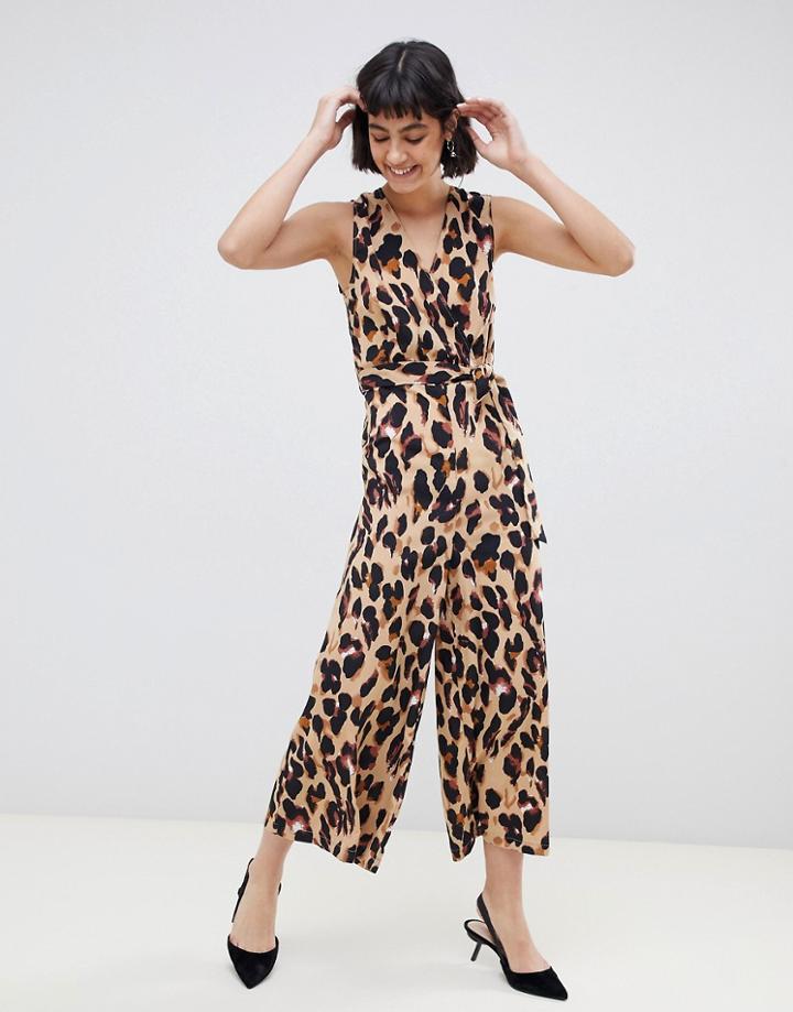 Unique21 Leopard Print V Neck Jumpsuit With Tie Belt - Multi