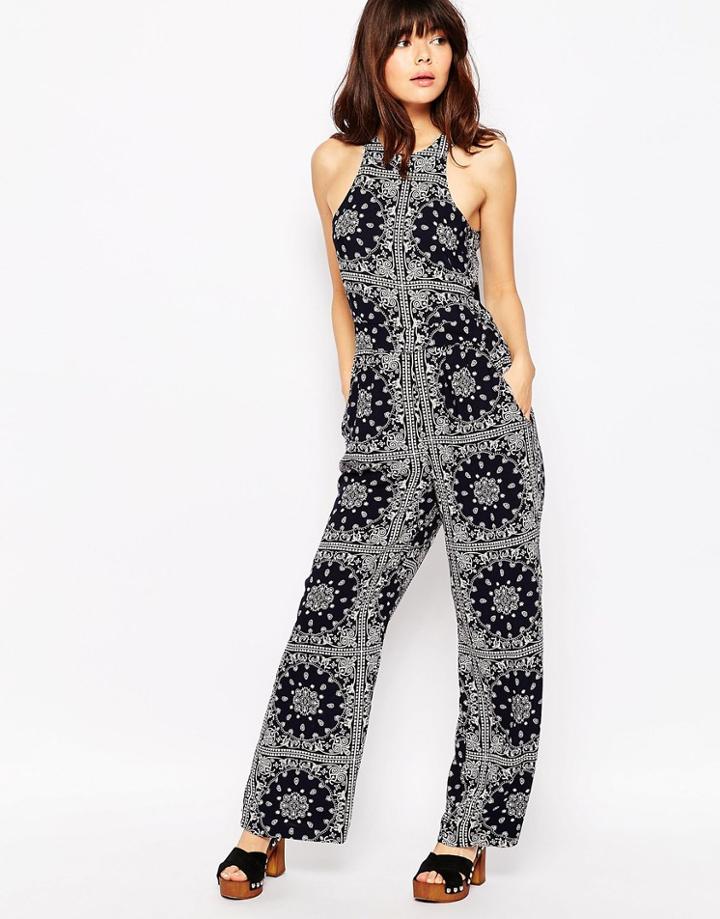 Brave Soul High Neck Mixed Print Jumpsuit - Black Combo