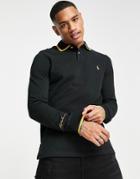 Polo Ralph Lauren Gold Icon Tipped Long Sleeve Pique Polo Custom Fit In Black
