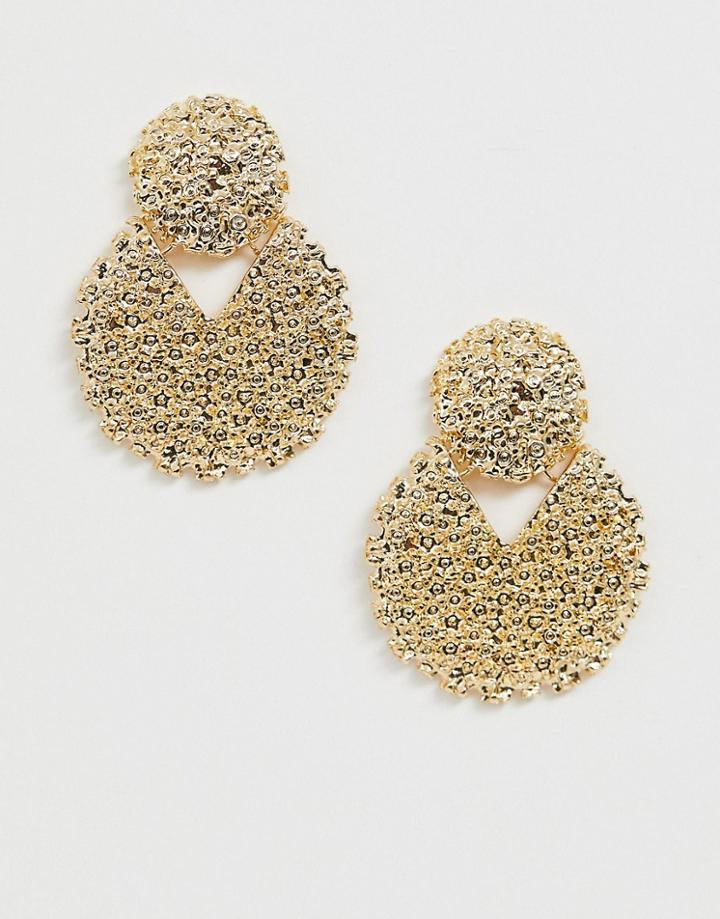 Asos Design Earrings In Engraved Circle Drop Design In Gold Tone