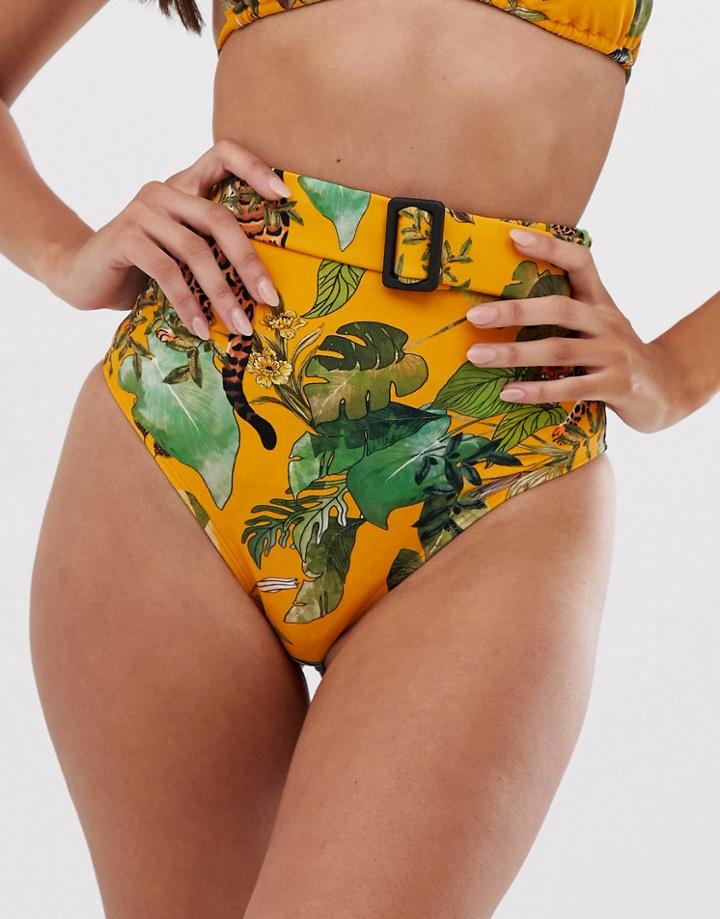 Asos Design High Waist Bikini Bottom In Exotic Tropical Print With Belt Detail - Multi