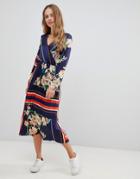 Liquorish Midi Dress With Pleated Skirt In Floral And Stripe Print - Navy