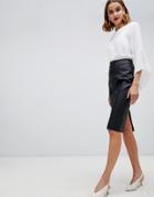 Warehouse Faux Leather Seamed Pencil Skirt In Black - Black
