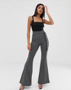 Prettylittlething Belted Flared Pants In Gray Pinstripe - White