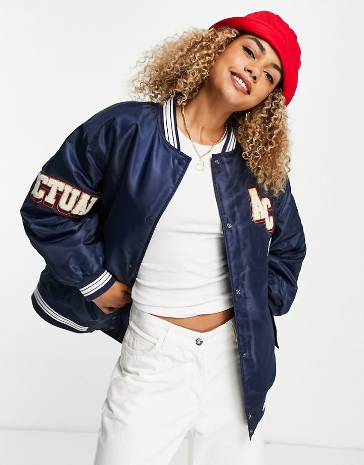 Asos Design Varsity Bomber Jacket In Navy-blues