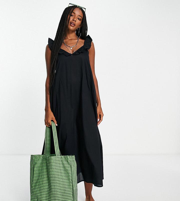 Only Exclusive Midi Beach Dress With Frill Detail In Black