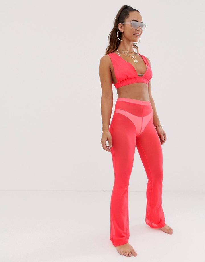 Asos Design Neon Coral Jersey Mesh Beach Flare Pants Two-piece - Pink