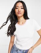 Asos Design Boxy Crop Ribbed Tee With Contrast Binding In White And Pink-multi