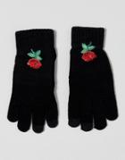 7x Rose Floral Embroidered Smart Touch Gloves - Black
