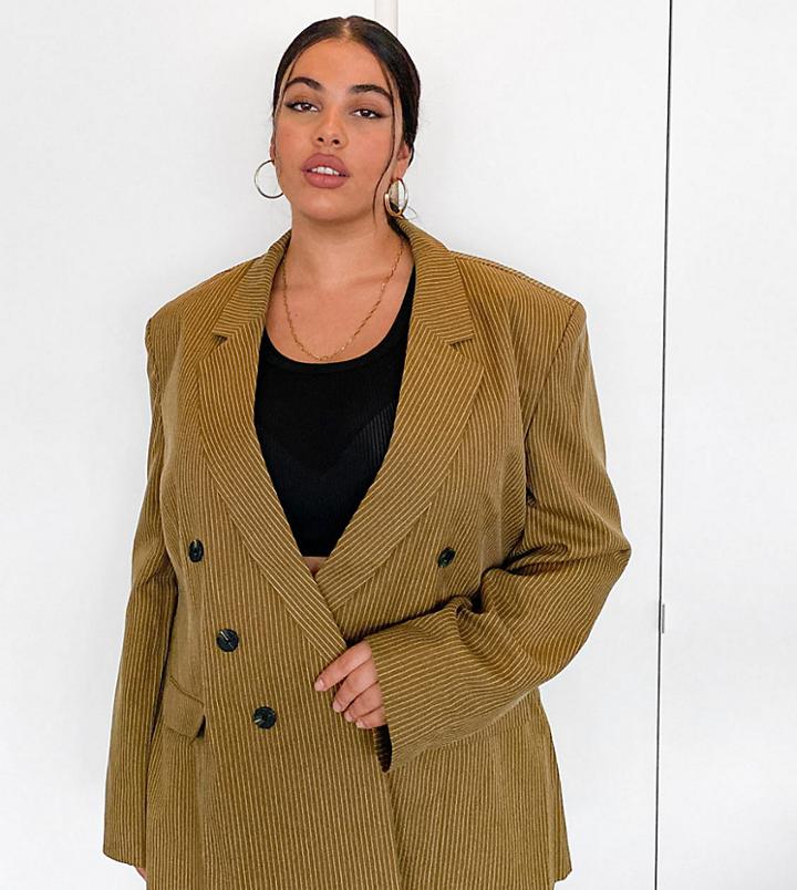 Collusion Plus Exclusive Double Breasted Blazer In Tan Pinstripe-brown