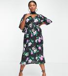 Asos Design Curve High Neck Cut-out Midi Dress In Satin Floral-multi