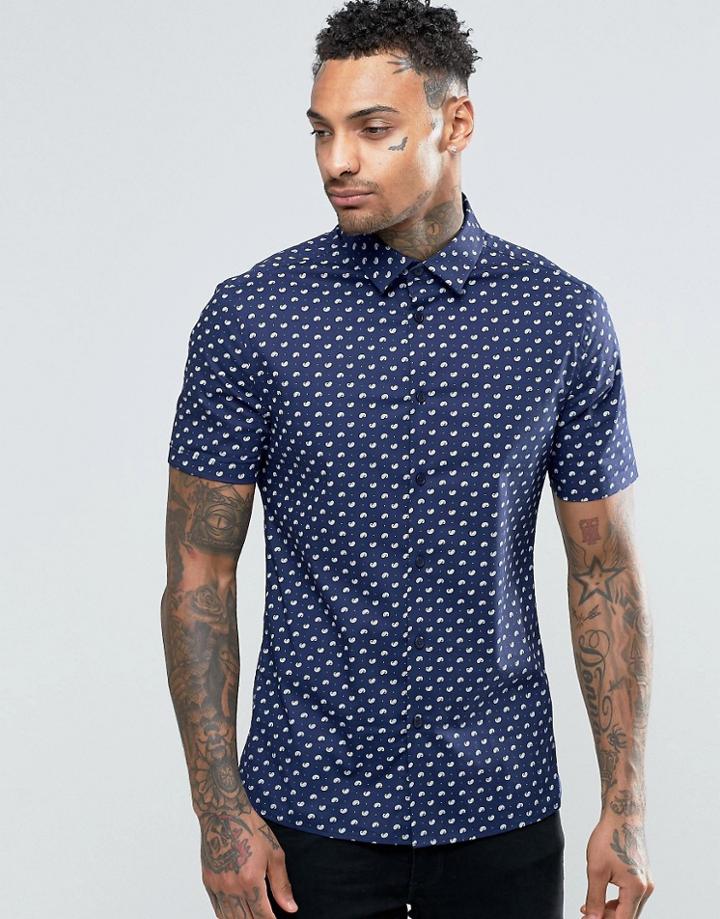 Asos Skinny Shirt In Navy Ditsy Print With Short Sleeves - Navy