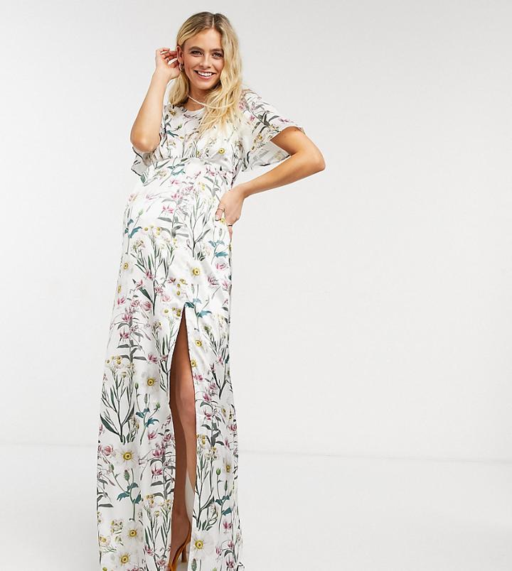 Hope & Ivy Maternity Cowl Back Satin Maxi Dress In Botanical Print-multi
