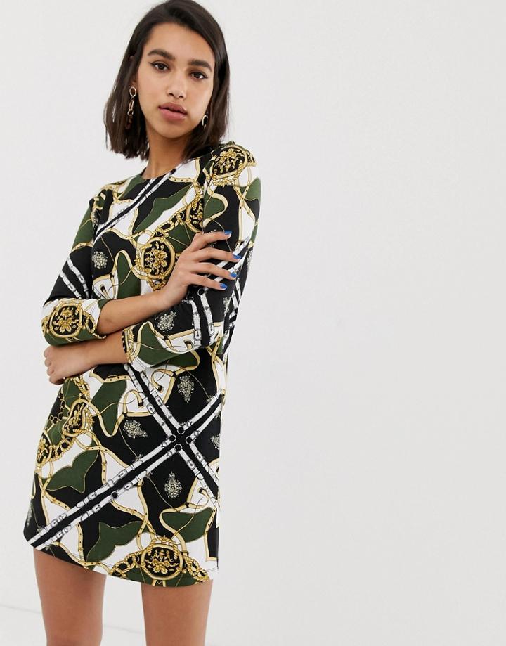 Stradivarius Swing Dress In Scarf Print - Green