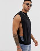 Asos Design Relaxed Sleeveless T-shirt With Dropped Armhole And Side Split In Black - Black