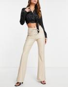 Asos Design V Front Leather Look Flare Pants With Corset Detail In Sand-neutral
