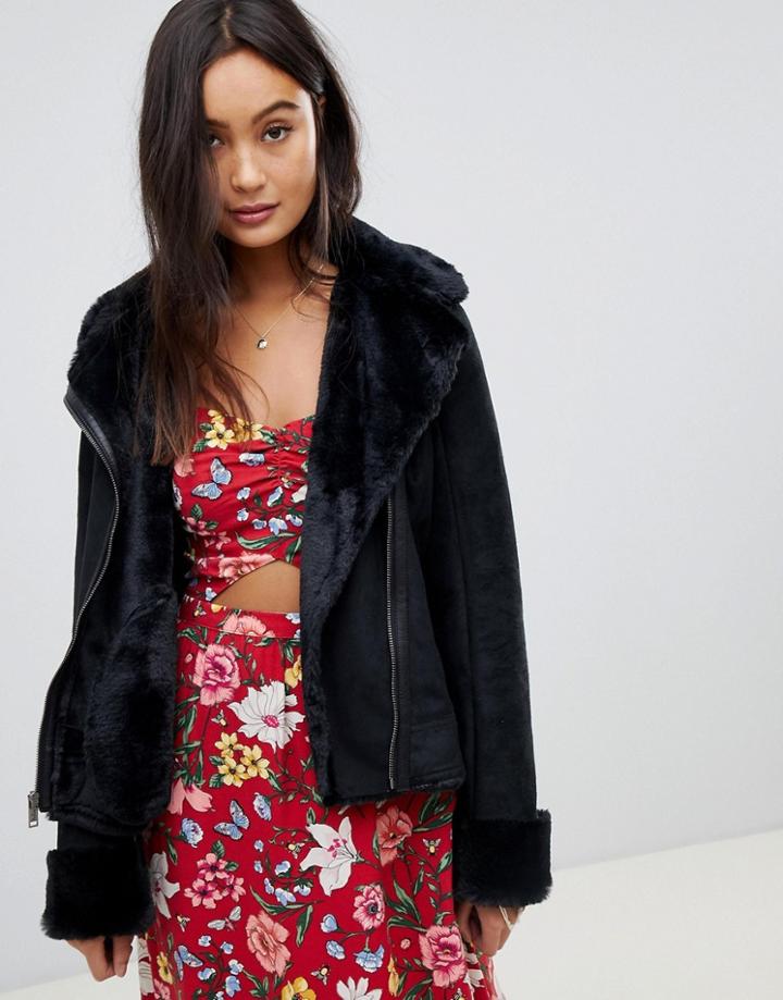 Hollister Faux Shearling Biker Jacket - Black
