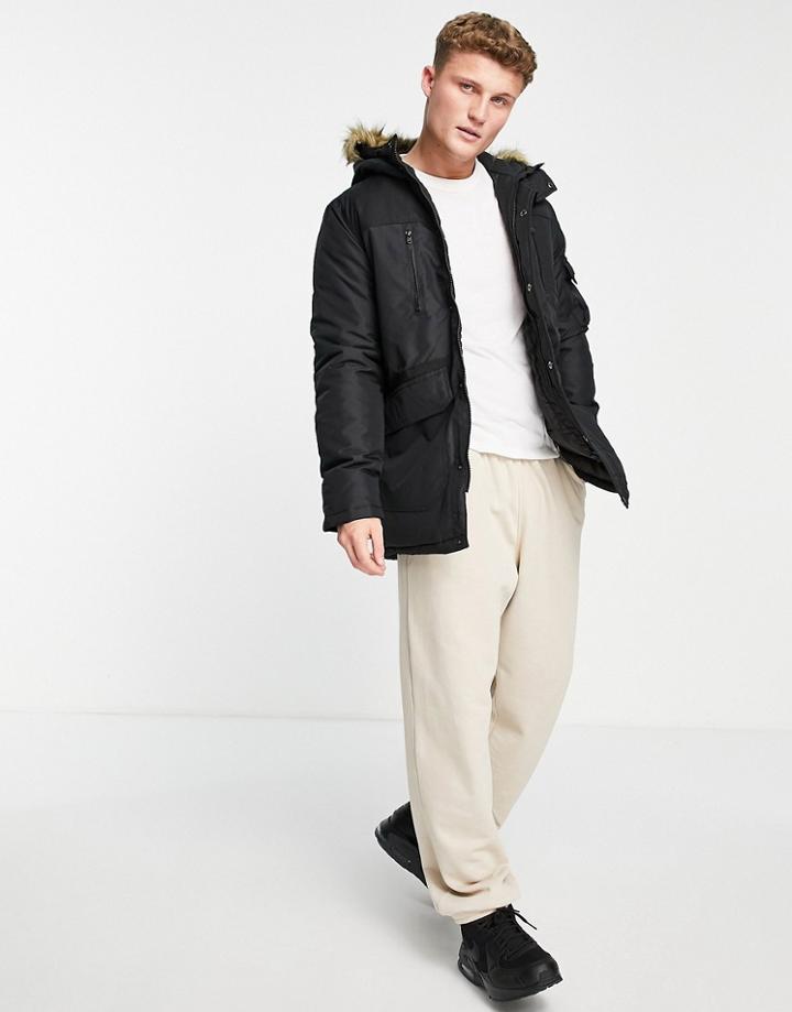 Jack & Jones Essentials Parka With Faux Fur Hood In Black