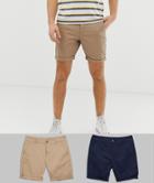 Asos Design 2 Pack Slim Chino Shorts In Stone & Navy Save - Multi