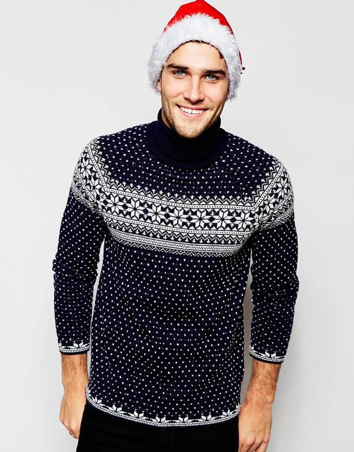 Asos Holidays Roll Neck Sweater With Snowflake Design - Navy