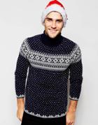 Asos Holidays Roll Neck Sweater With Snowflake Design - Navy