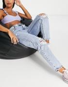 Pull & Bear High Waisted Mom Jeans With Rips In Medium Blue-blues