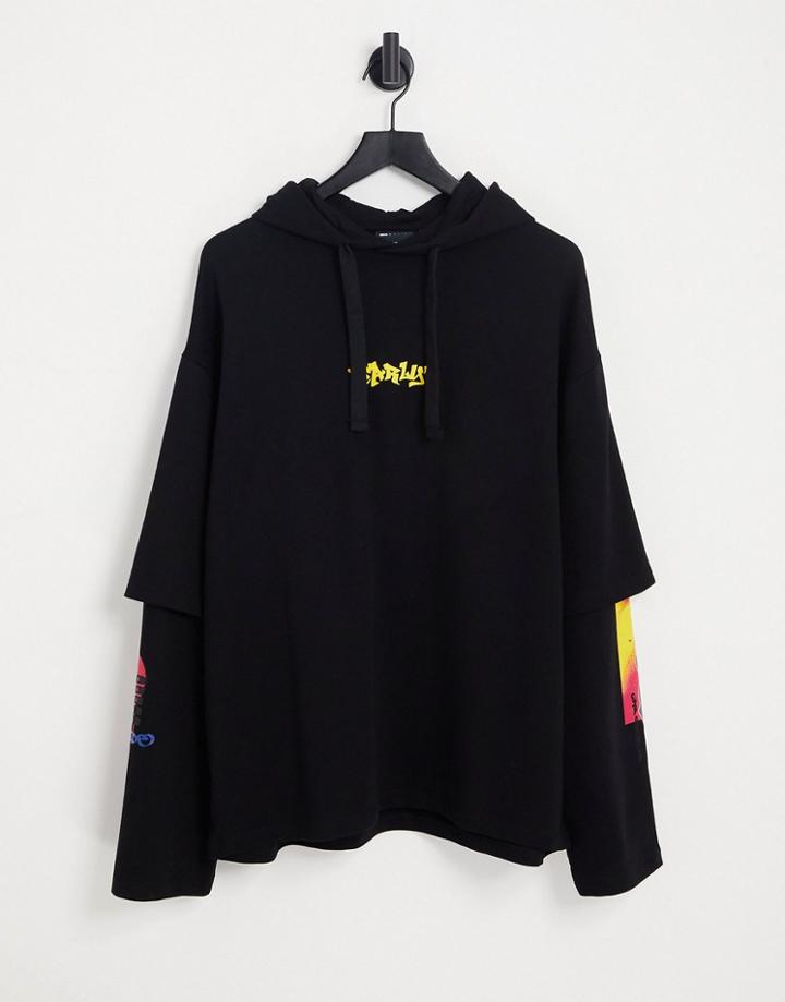 Asos Design Oversized Hoodie In Black With Layered Sleeves And Abstract Print