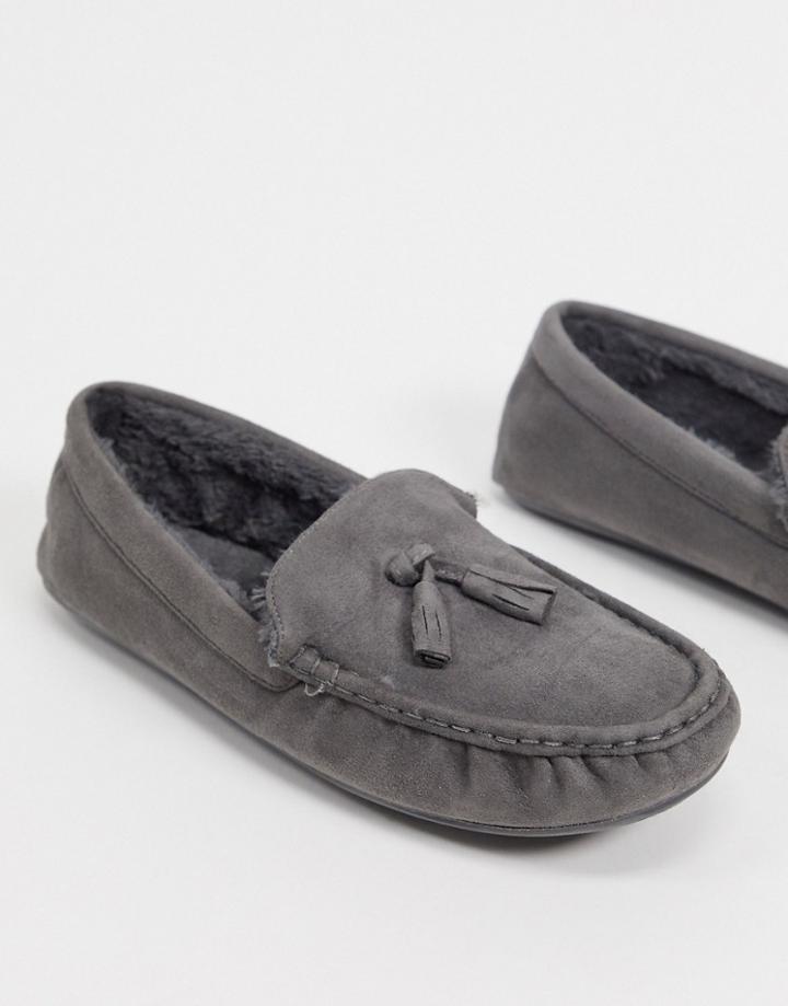 Asos Design Moccasin Slippers In Gray With Faux Fur Lining-grey