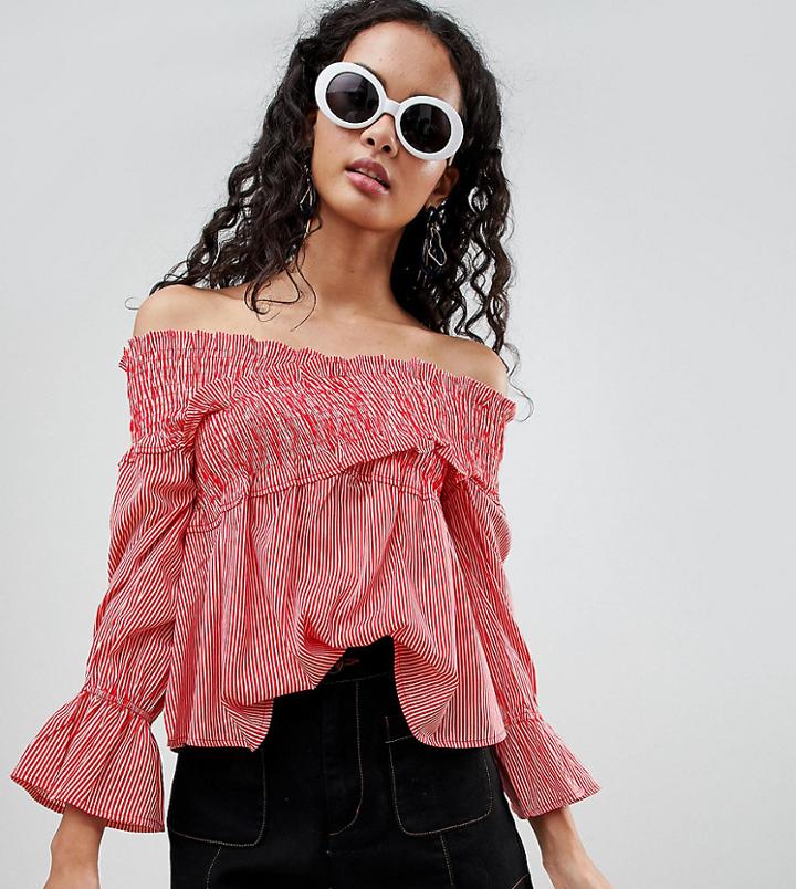 Influence Tall Stripe Bardot Top With Shirred Detail - Red