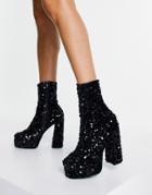 Asos Design Extrovert High-heeled Platform Boots In Black Sequin