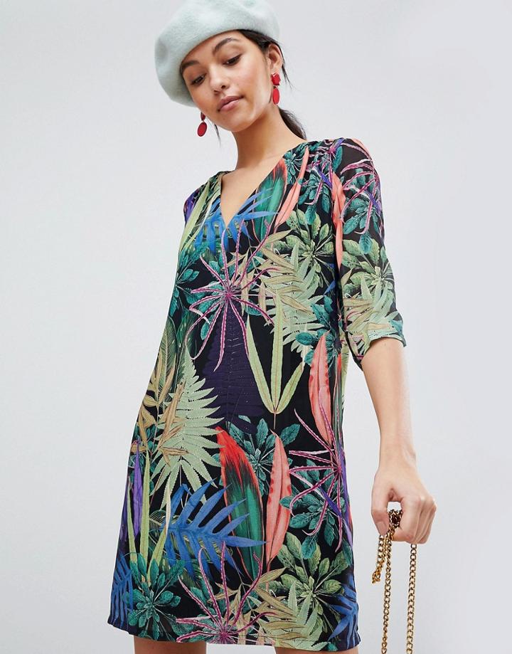 Traffic People Tropical V Neck Shift Dress - Black