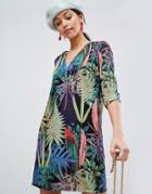 Traffic People Tropical V Neck Shift Dress - Black