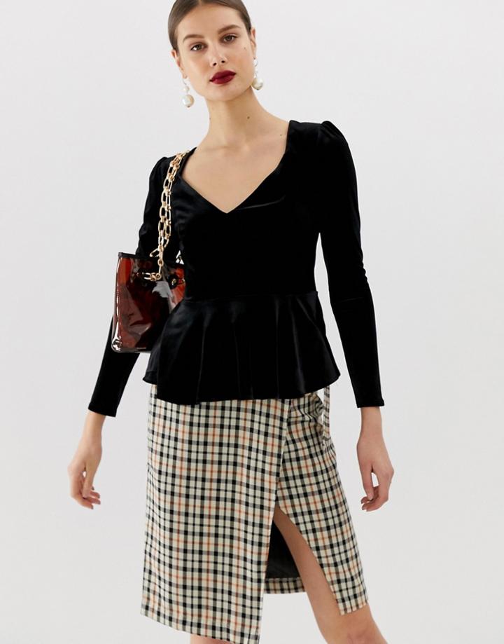 River Island Velvet Blouse With Sweetheart Neckline In Black