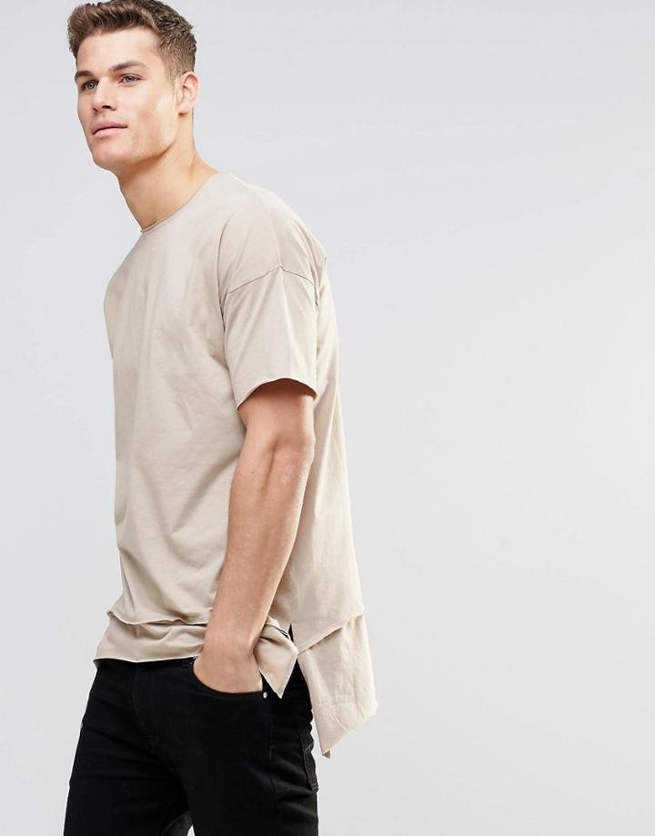 Asos Oversized T-shirt With Step Hem In Wash Effect In Beige - Blonde