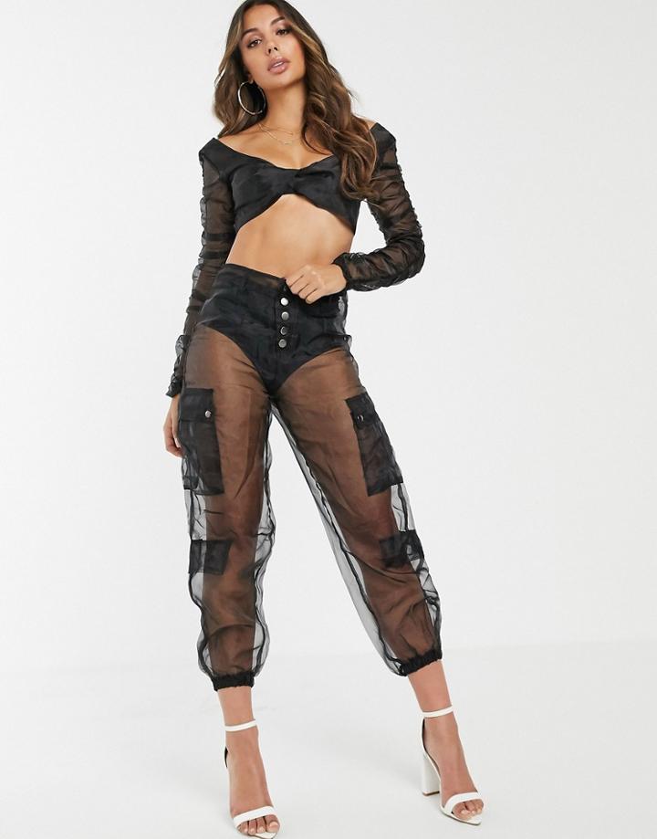 Lioness Sheer Organza Cargo Pants In Black - Black