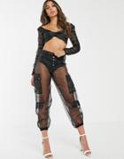 Lioness Sheer Organza Cargo Pants In Black - Black
