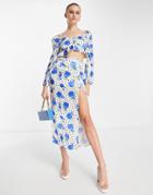 Topshop Floral Rose Bias Split Midi Skirt In Blue - Part Of A Set