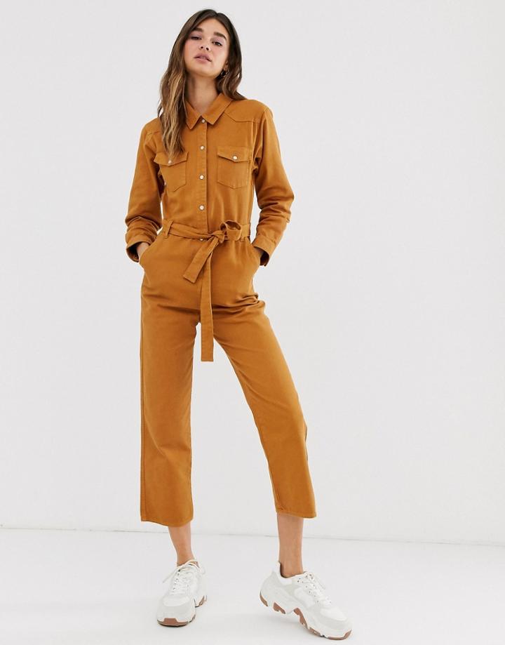 Monki Tie Waist Organic Cotton Denim Boilersuit In Rust