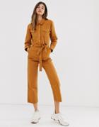 Monki Tie Waist Organic Cotton Denim Boilersuit In Rust