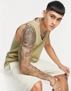 Asos Design Lightweight Waffle Tank Top In Khaki-green