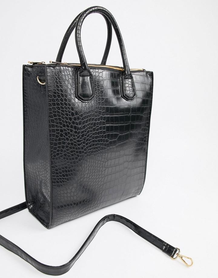 Asos Design Double Zip Compartment Croc Tote With Laptop Compartment - Black