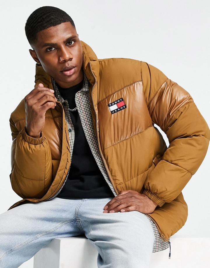Tommy Jeans Tonal Color Block Puffer Jacket In Tan-brown