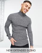 Asos Design Muscle Fit Ribbed Rollneck Sweater In Black And White Twist-gray